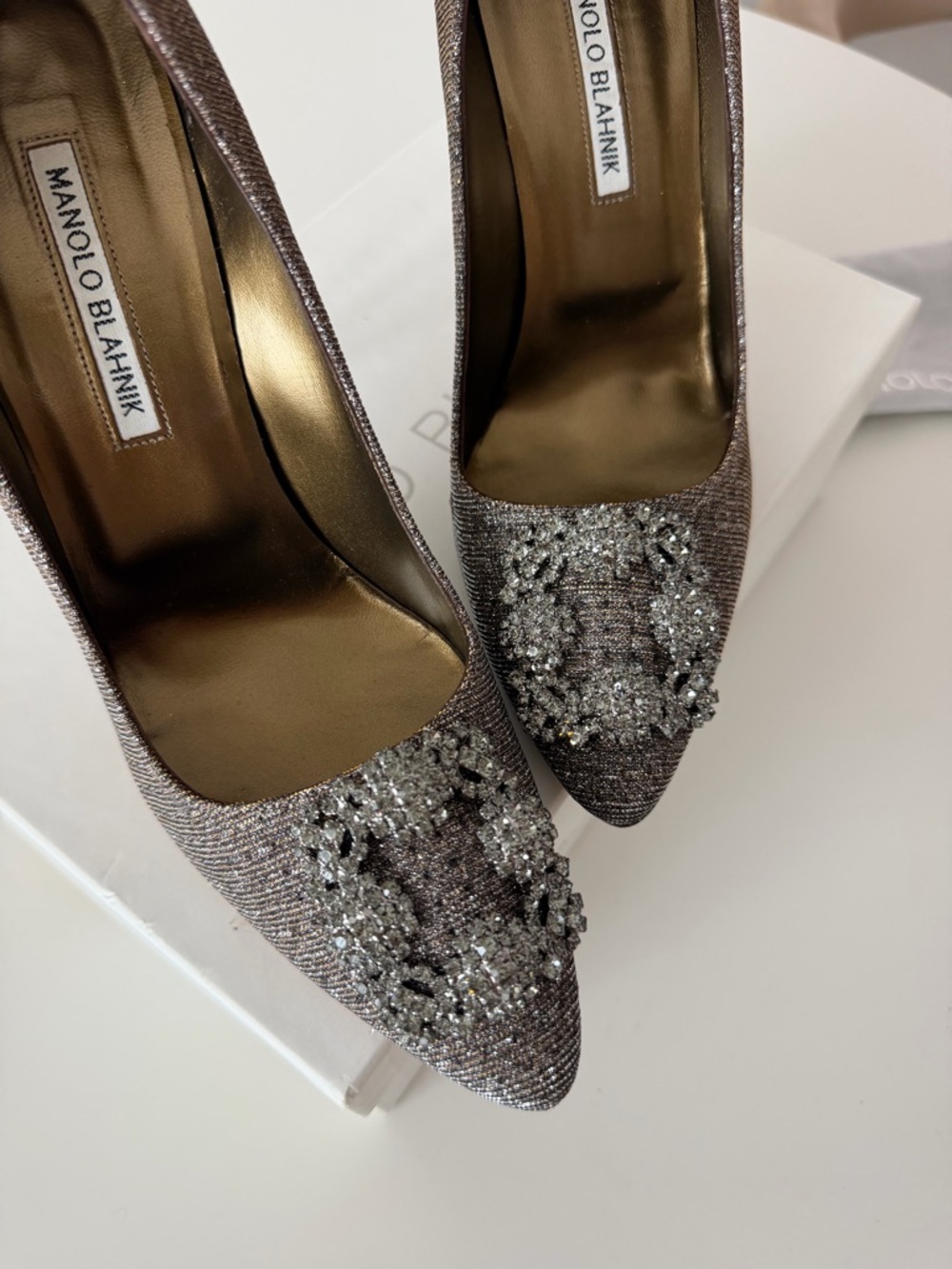 Manolo Blahnik Metallic Bronze Pointed-Toe Pumps with Crystal Embellishment - Picture 5 of 10